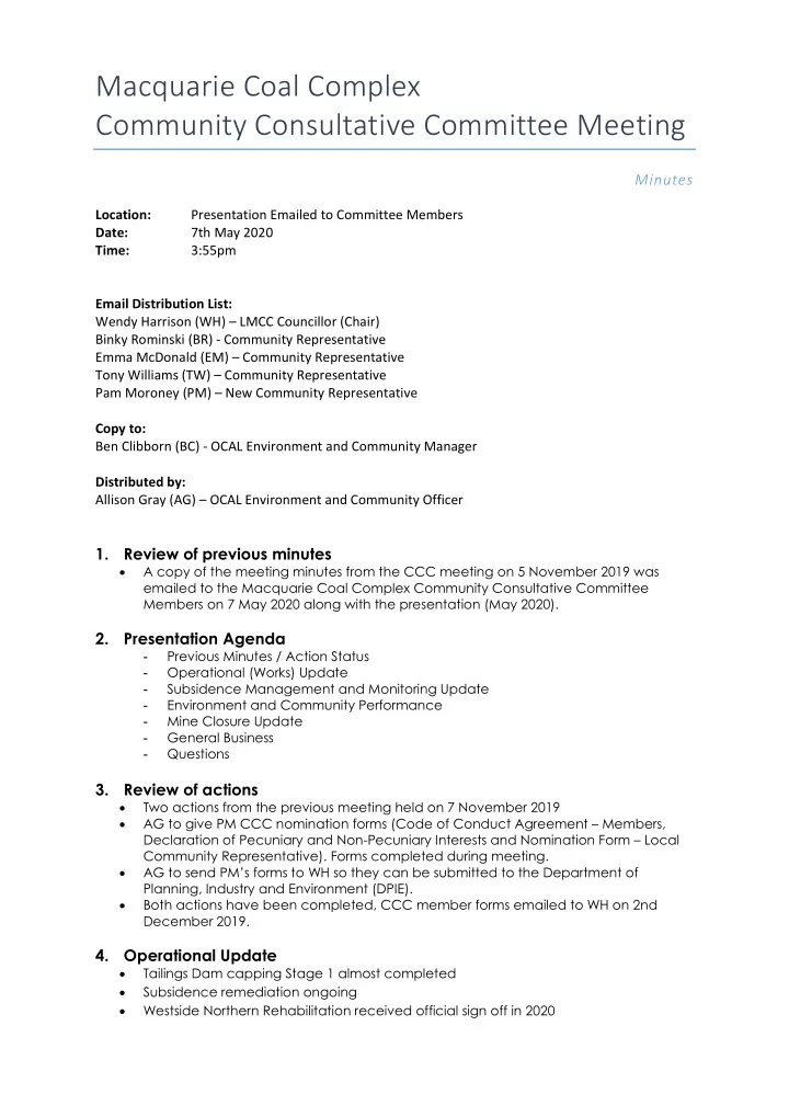 macquarie coal complex community consultative committee