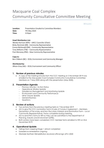 Macquarie Coal Complex Community Consultative Committee Meeting Minutes Location: Presentation