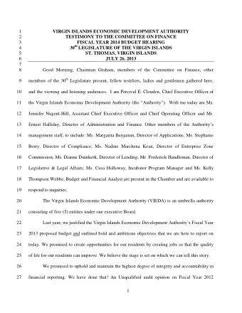 1  VIRGIN ISLANDS ECONOMIC DEVELOPMENT AUTHORITY  2  TESTIMONY TO THE COMMITTEE ON FINANCE  3
