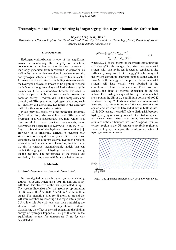 thermodynamic model for predicting hydrogen segregation