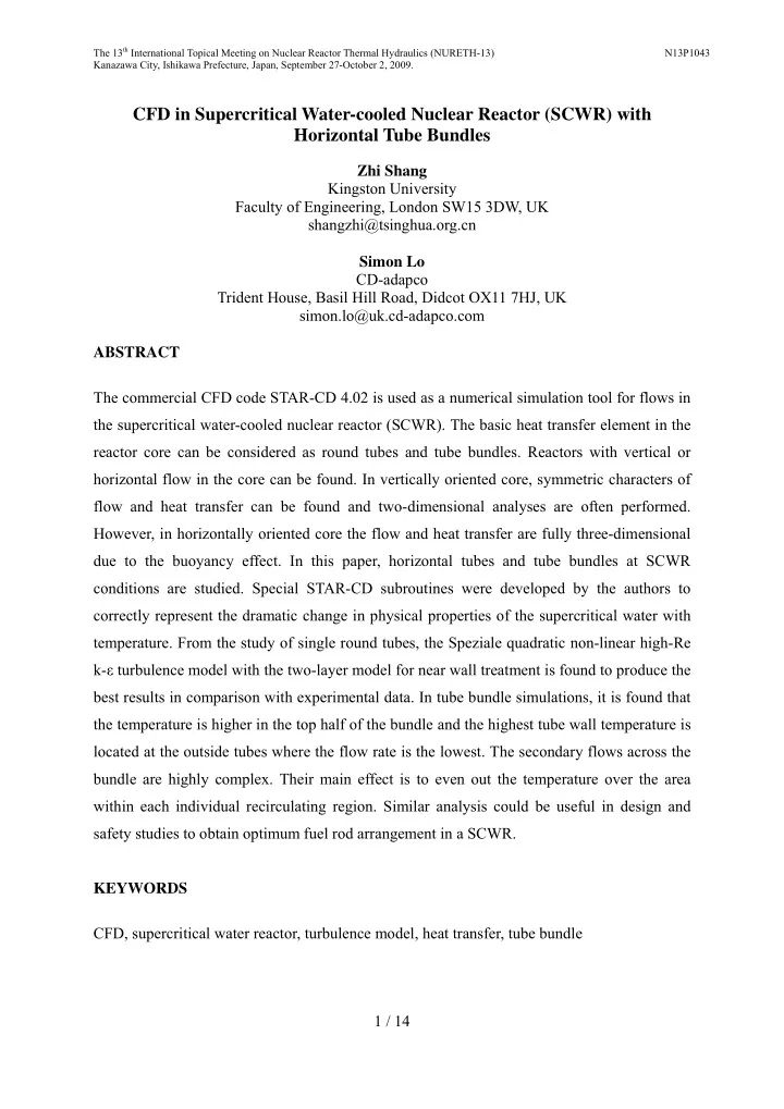cfd in supercritical water cooled nuclear reactor scwr