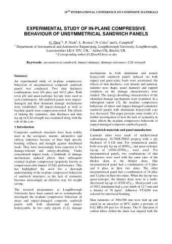 EXPERIMENTAL STUDY OF IN-PLANE COMPRESSIVE  BEHAVIOUR OF UNSYMMETRICAL SANDWICH PANELS G. Zhou 1 *,