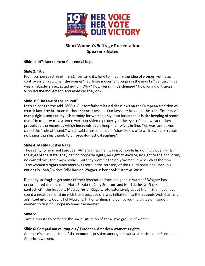 short women s suffrage presentation speaker s notes
