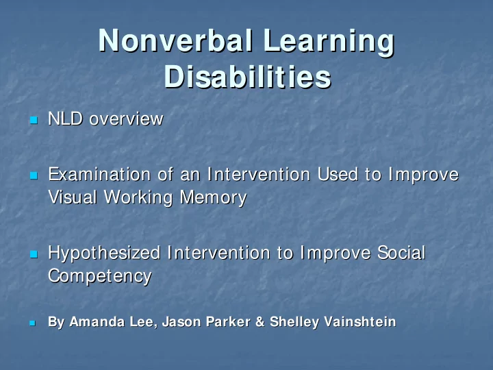 nonverbal learning nonverbal learning disabilities