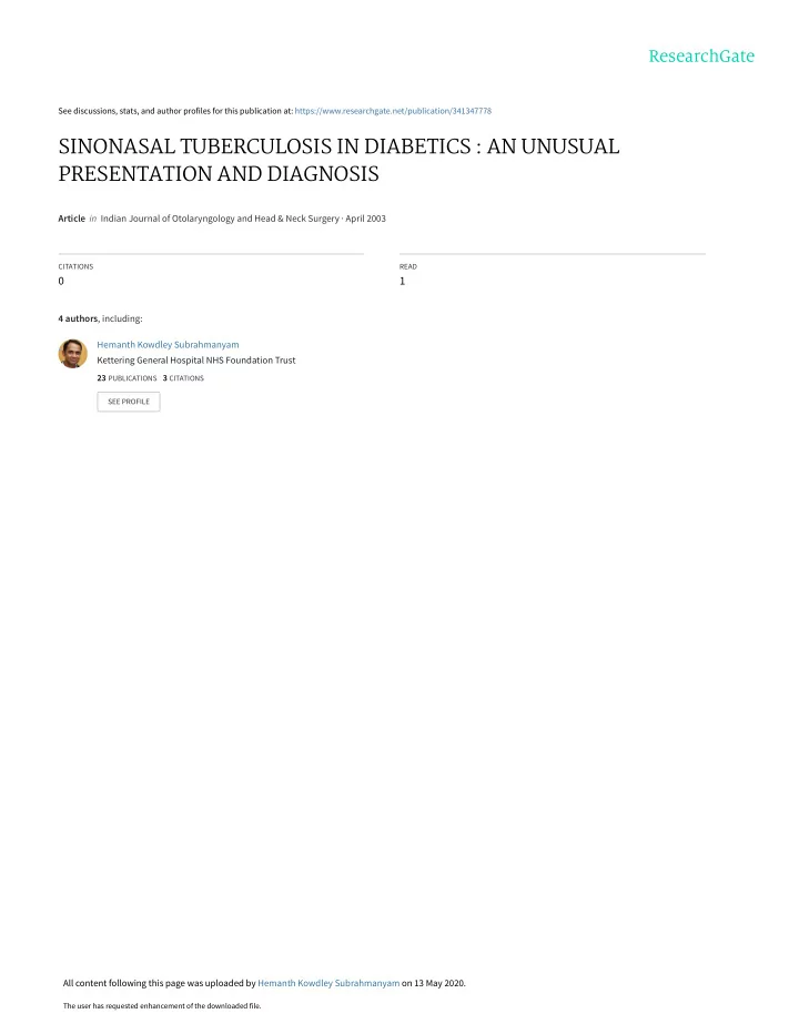 sinonasal tuberculosis in diabetics an unusual