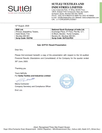 SUTLEJ TEXTILES AND  INDUSTRIES LIMITED  Lotus Corporate Park, E Wing, 5th/6th Floor,  185/A,