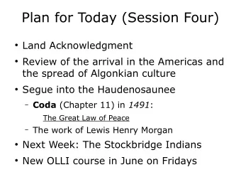 Plan for Today (Session Four)  Land Acknowledgment  Review of the arrival in the Americas and