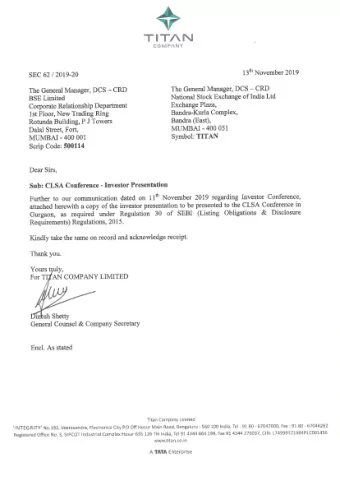 TIT/\N COM P /\NY 13 th November 2019 SEC 62 /2019-20 The General Manager, DCS - CRD  The