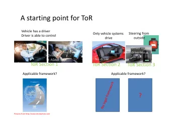 A starting point for ToR Vehicle has a driver Steering from Only vehicle systems Driver is able to