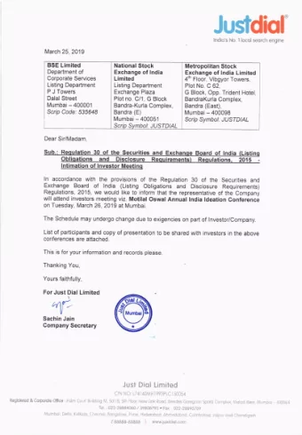 J  u  t  t  i  a  l    lndio's No. I locol seorch engine March 25,2019 BSE Limited National