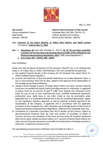 (;:;'.&quot; ~  ~ i ~ l a  tail'  m  i~s  c ADITYA BIRLA FASHION &amp; RETAIL  May 11, 2018 BSE