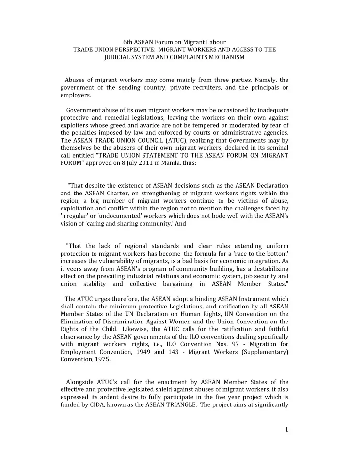 6th asean forum on migrant labour trade union perspective