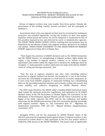 6th ASEAN Forum on Migrant Labour  TRADE UNION PERSPECTIVE:  MIGRANT WORKERS AND ACCESS TO THE