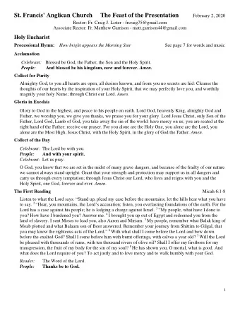 St. Francis' Anglican Church    The Feast of the Presentation  February 2, 2020  Rector: Fr. Craig