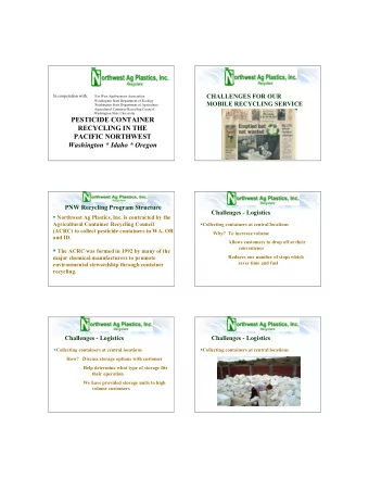 PESTICIDE CONTAINER  RECYCLING IN THE  PACIFIC NORTHWEST  Washington * Idaho * Oregon  PNW