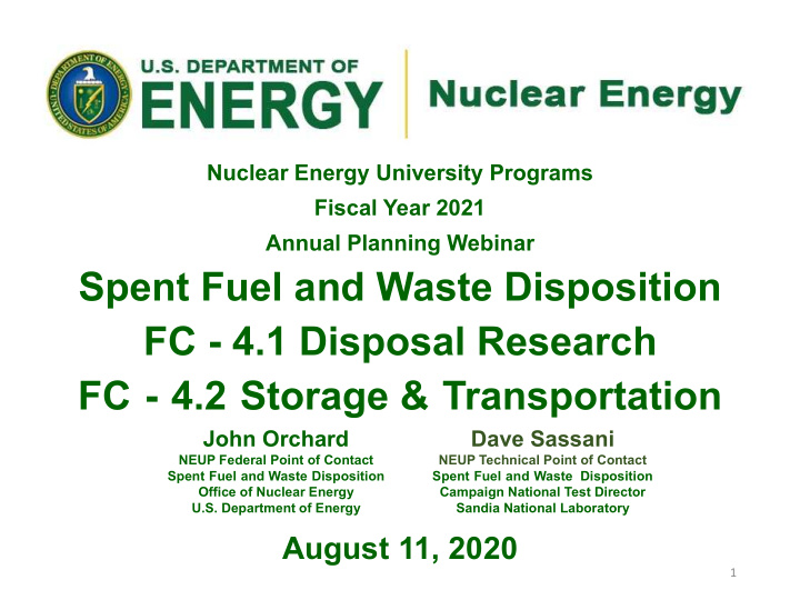 spent fuel and waste disposition fc 4 1 disposal research