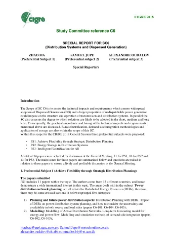Study Committee reference C6  SPECIAL REPORT FOR SC6  (Distribution Systems and Dispersed