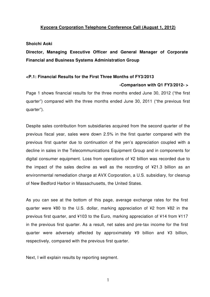 kyocera corporation telephone conference call august 1