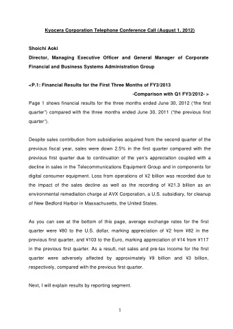 Kyocera Corporation Telephone Conference Call (August 1, 2012)  Shoichi Aoki  Director, Managing