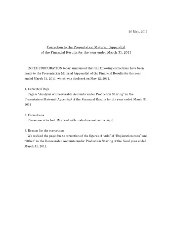 Correction to the Presentation Material (Appendix)  of the Financial Results for the year ended