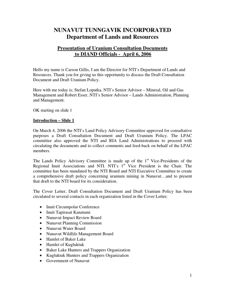 nunavut tunngavik incorporated department of lands and
