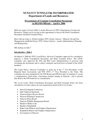 NUNAVUT TUNNGAVIK INCORPORATED  Department of Lands and Resources  Presentation of Uranium