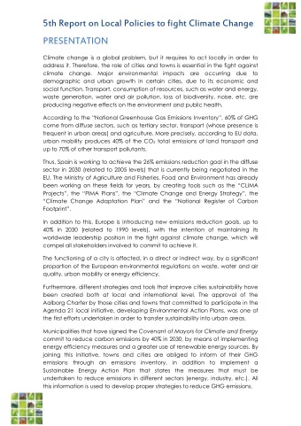 5th Report on Local Policies to fight Climate Change  PRESENTATION  Climate change is a global
