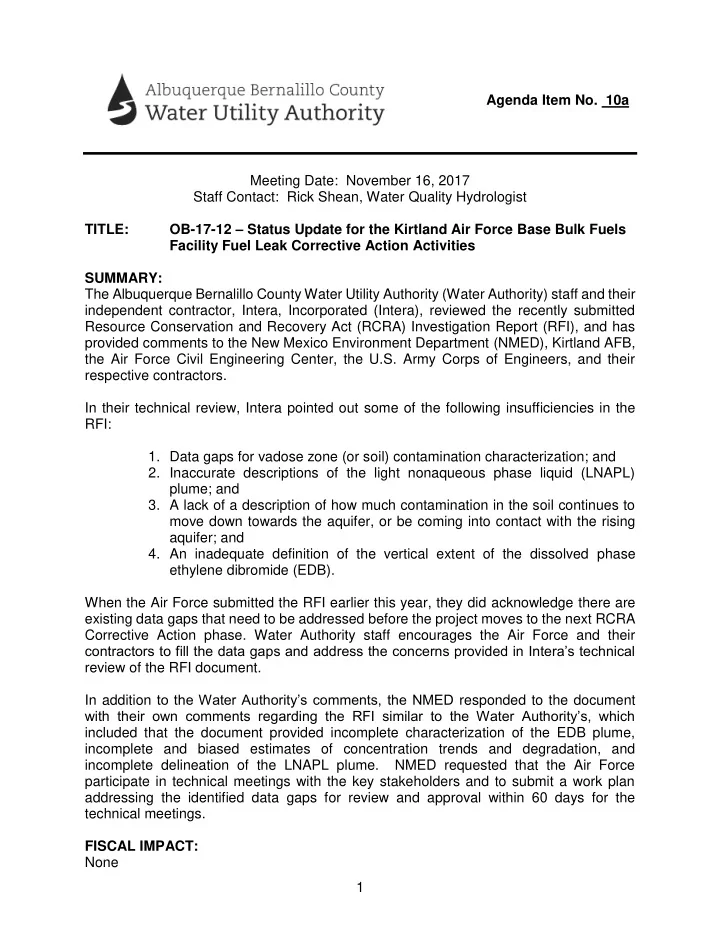 agenda item no 10a meeting date november 16 2017 staff