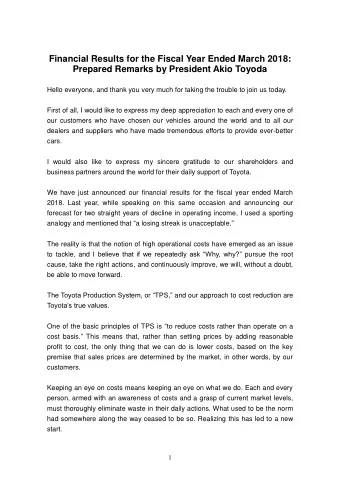 Financial Results for the Fiscal Year Ended March 2018: Prepared Remarks by President Akio Toyoda