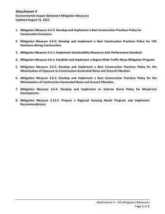 Attachment 4 Environmental Impact Statement Mitigation Measures Updated August 31, 2012 1.