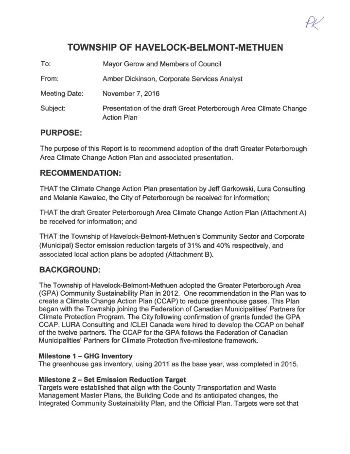 township of havelock belmont methuen to mayor gerow and