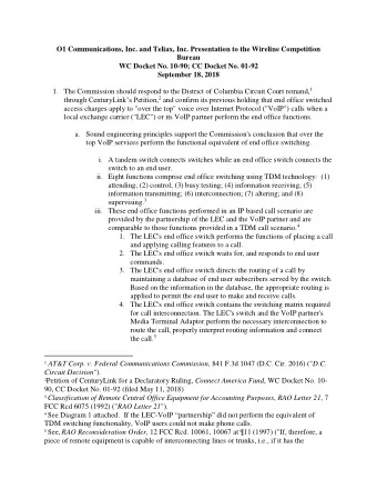 O1 Communications, Inc. and Teliax, Inc. Presentation to the Wireline Competition  Bureau  WC
