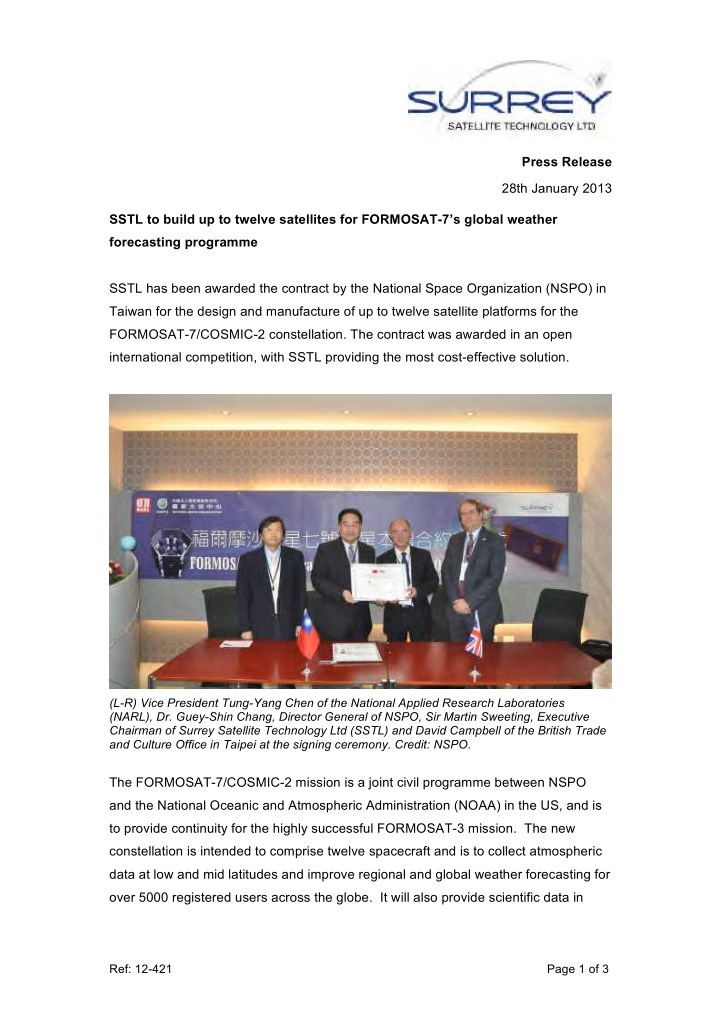 press release 28th january 2013 sstl to build up to