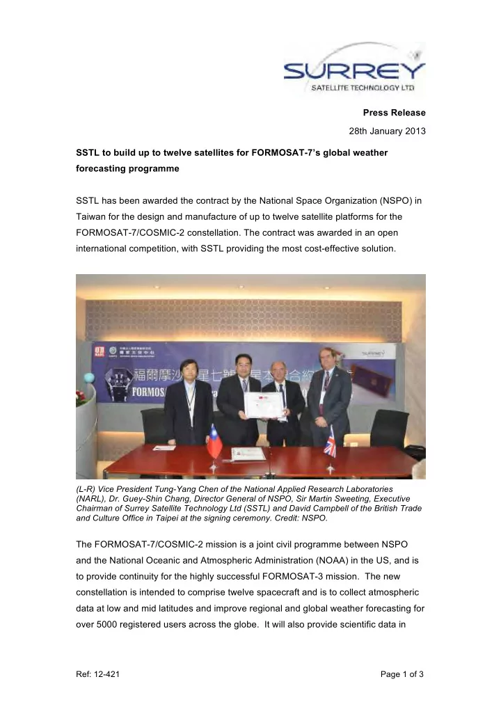 press release 28th january 2013 sstl to build up to