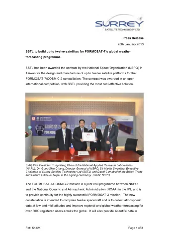Press Release  28th January 2013  SSTL to build up to twelve satellites for FORMOSAT-7s global