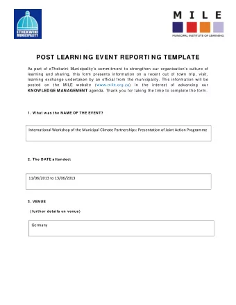 POST LEARNI NG EVENT REPORTI NG TEMPLATE  As part of eThekwini Municipality's commitment to