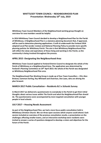 WHITTLESEY TOWN COUNCIL  NEIGHBOURHOOD PLAN Presentation: Wednesday 10 th July, 2019  Whittlesey