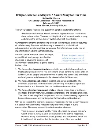 Religion, Science, and Spirit: A Sacred Story for Our Time  By David C. Korten  GATE Story