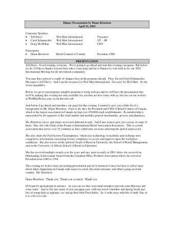 Dinner Presentation by Diane Brisebois April 11, 2012  Corporate Speakers   Jeff Davis  Wal-Mart