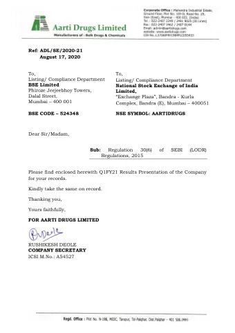 Ref: ADL/SE/2020-21  August 17, 2020  To,  To,  Listing/ Compliance Department  Listing/ Compliance
