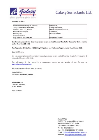 February 01, 2019  National Stock Exchange of India Ltd.,  BSE Limited,  Listing Compliance