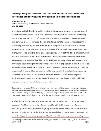 Growing Library Sector Networks in JAMLIN to enable the provision of data,  information and