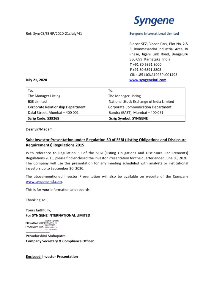 sub investor presentation under regulation 30 of sebi