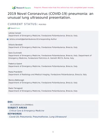 2019 Novel Coronavirus (COVID-19) pneumonia: an  unusual lung ultrasound presentation. CURRENT