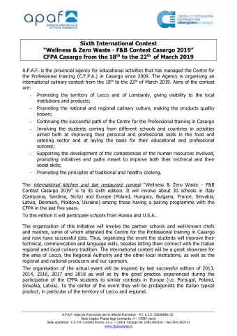 Sixth International Contest  Wellness &amp; Zero Waste - F&amp;B Contest Casargo 2019 CFPA