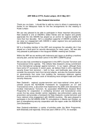 ARF ISM on CTTC, Kuala Lumpur, 29-31 May 2011  New Zealand intervention  Thank you co-chairs.  I