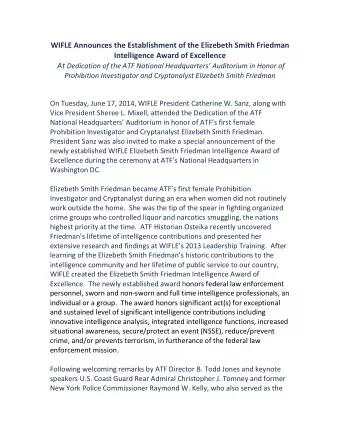 WIFLE Announces the Establishment of the Elizebeth Smith Friedman  Intelligence Award of Excellence