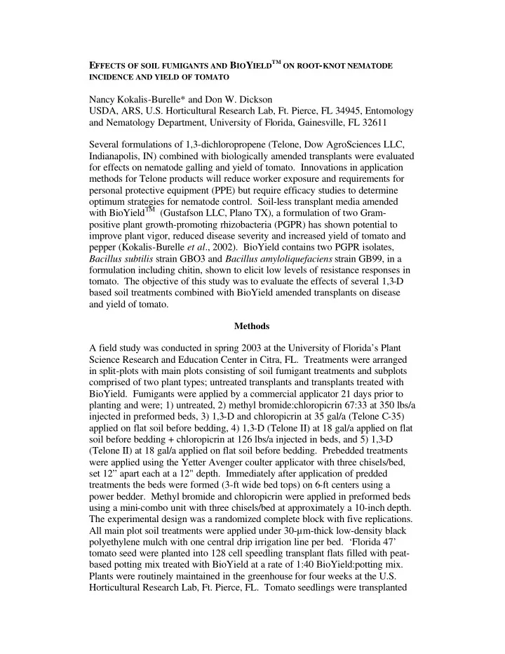incidence and yield of tomato nancy kokalis burelle and