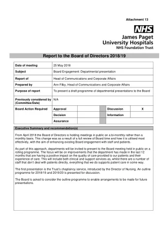 Report to the Board of Directors 2018/19  Date of meeting  25 May 2018  Subject  Board Engagement: