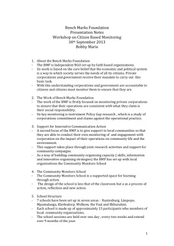 Bobby Marie 1. About the Bench Marks Foundation -  The BMF is Independent NGO set up by faith based